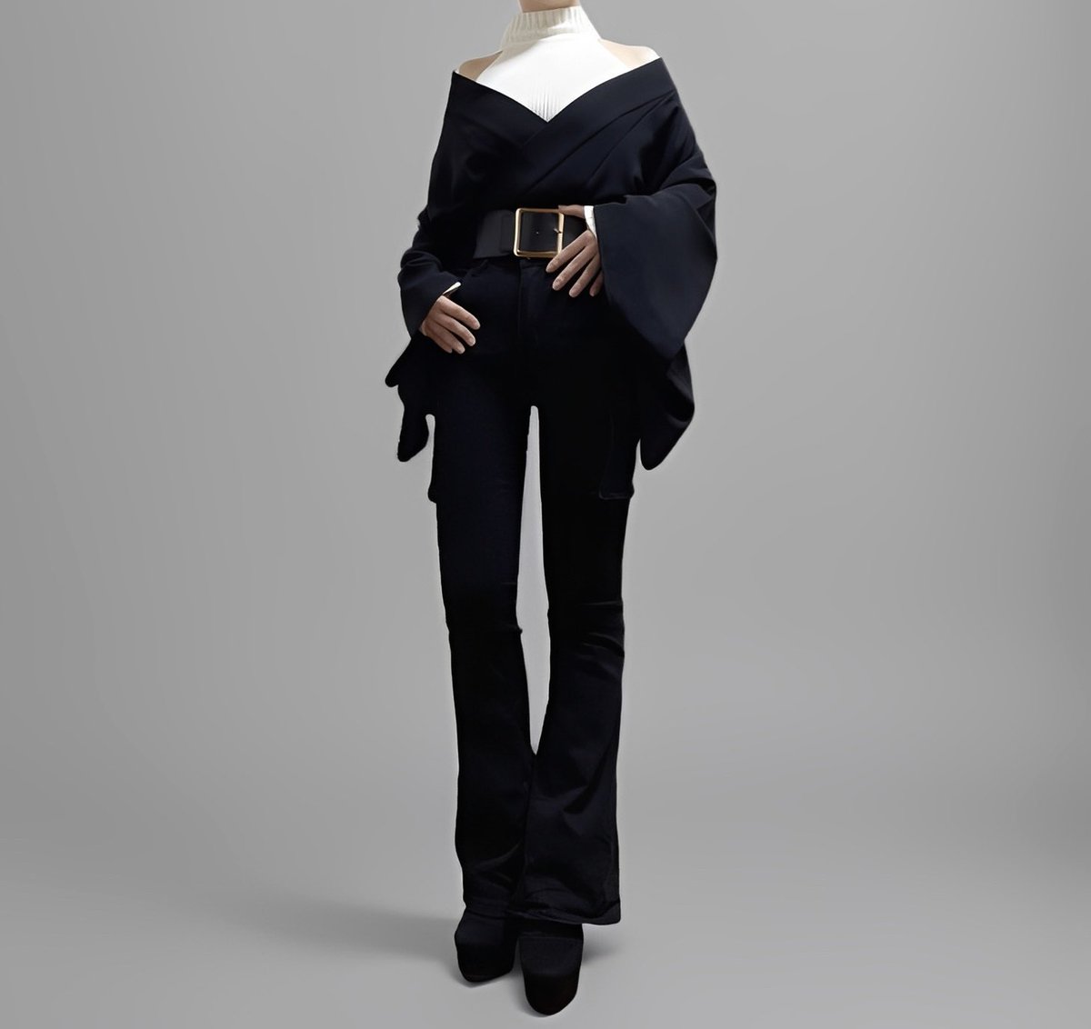 半着物をブーツカットパンツにインして和洋折衷コーデ。
アメスリニットを合わせたスタイルが現代的でかっこいい！