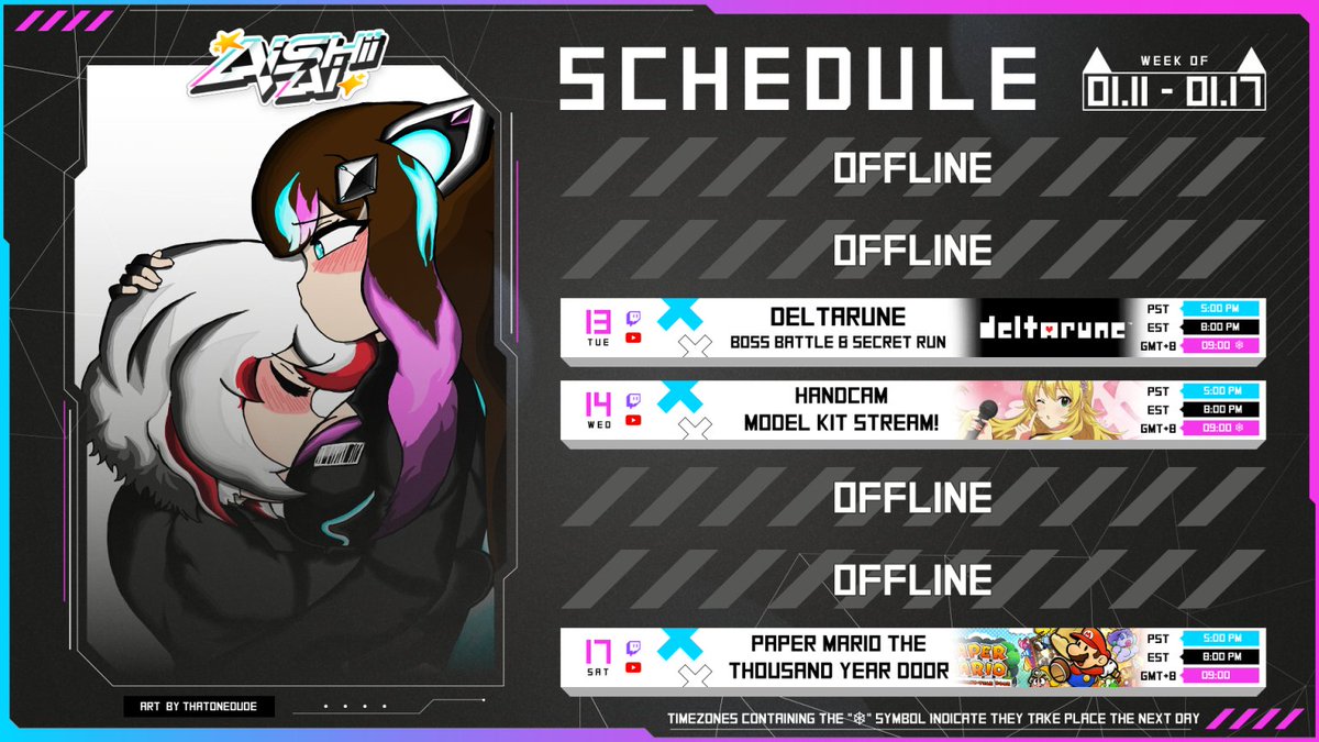 AishiiAi's tweet photo. 🤍Schedule for Jan 11th - Jan 17th❄️ 

【Info &amp; Tags】

Youtube❤️:https://t.co/Ry2Q6HYdOP
Twitch💜: https://t.co/XooQo3G0ug

Live/General: #AishiiTime &amp; #AiCatching
Fanart: #AiLoveYou
Memes: #AiCaramba
Clips: #AishiiYou
NSFW: #YabAishii

↓ References &amp; additional info below ↓ https://t.co/bDrpGSQdBf