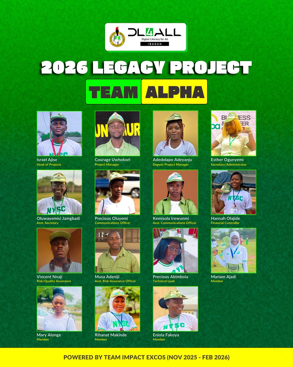 dl4allcdsibadan's tweet photo. We’re excited to unveil Team Alpha — the team spearheading the DL4ALL CDS Ibadan's first 2026 Legacy Project.
Follow the journey as we build for the future💚.
#TeamAlpha #DL4ALLCDSIbadan #2026LegacyProject #DigitalLiteracyForAll #mindthegap https://t.co/75jxNu38BB