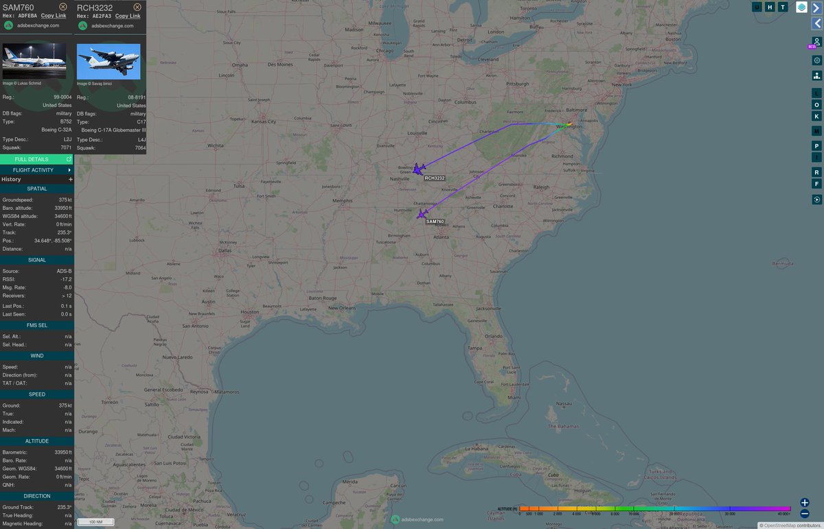 TheIntelFrog's tweet photo. US Air Force C-32A #ADFEBA as SAM760 is inbound to Brownsville, TX with SecDef for the "Arsenal of Freedom Tour" to give a speech to SpaceX.  He will then travel to the F-35 factory in Fort Worth.

C-17A #AE2FA3 as RCH3232 is the backup for the trip and is heading to Kelly Field at Lackland AFB in San Antonio.