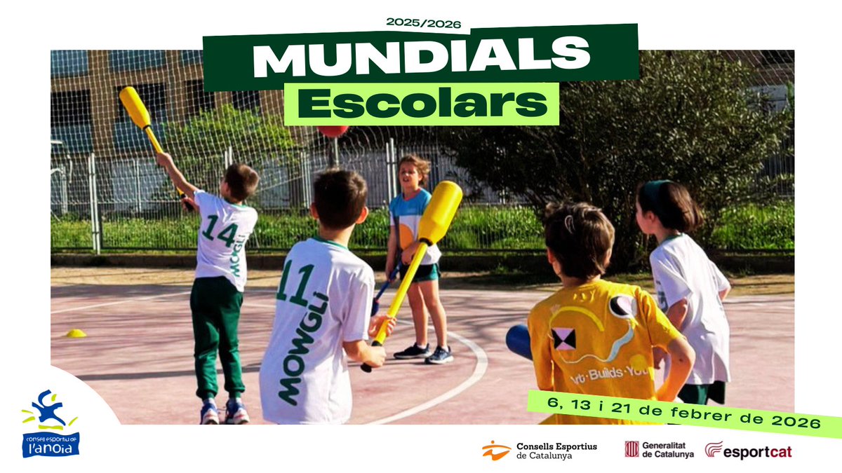 📣 MUNDIALS ESCOLARS 2026 🌍🏃‍♂️
Arriba la 2a edició dels Mundials Escolars de l'Anoia.

📅 6, 13 i 21 de febrer
👧👦 Primària (1r–6è)
💛 Valors, cohesió i diversió

ℹ️ tuit.cat/eu99T