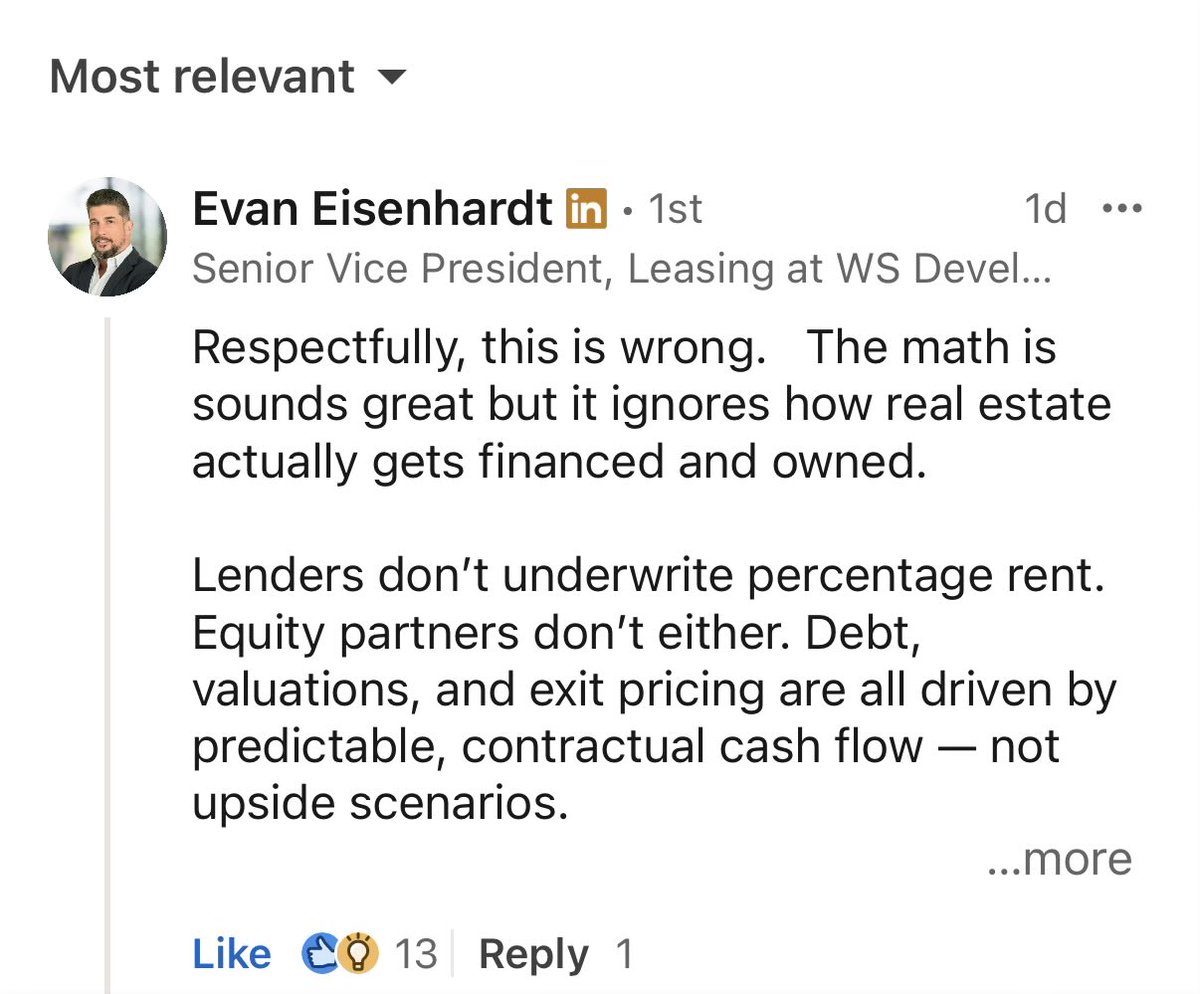 When the comment destroying your post gets more like’s than your actual post

OKAY I GET IT, people don’t like percentage rent.

All I was saying is if you have a vacant office take some money and put it in your pocket instead of waiting 18 months for a tenant to show up.