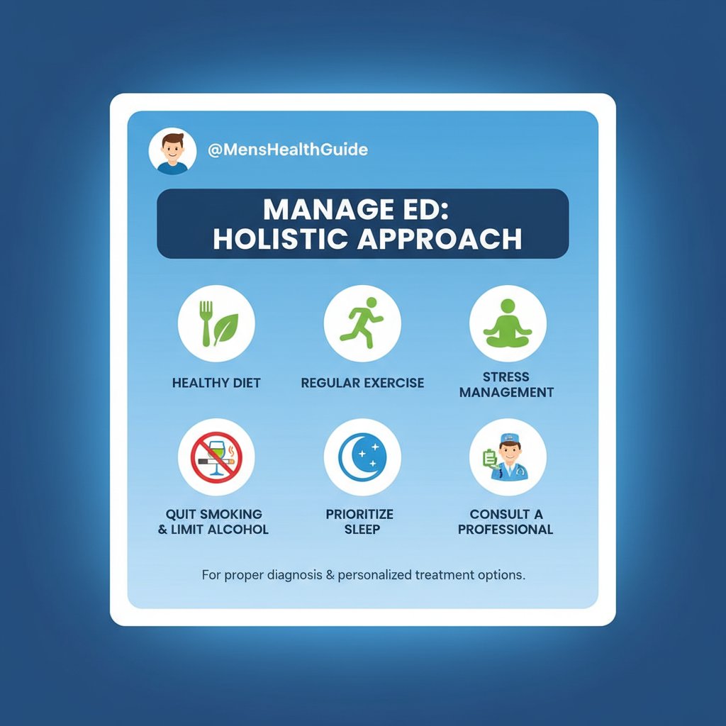 Maintain a healthy diet, exercise regularly, and manage stress. Quit smoking and limit alcohol. Prioritize good sleep. Always consult a healthcare professional for proper diagnosis and personalized treatment options for ED.