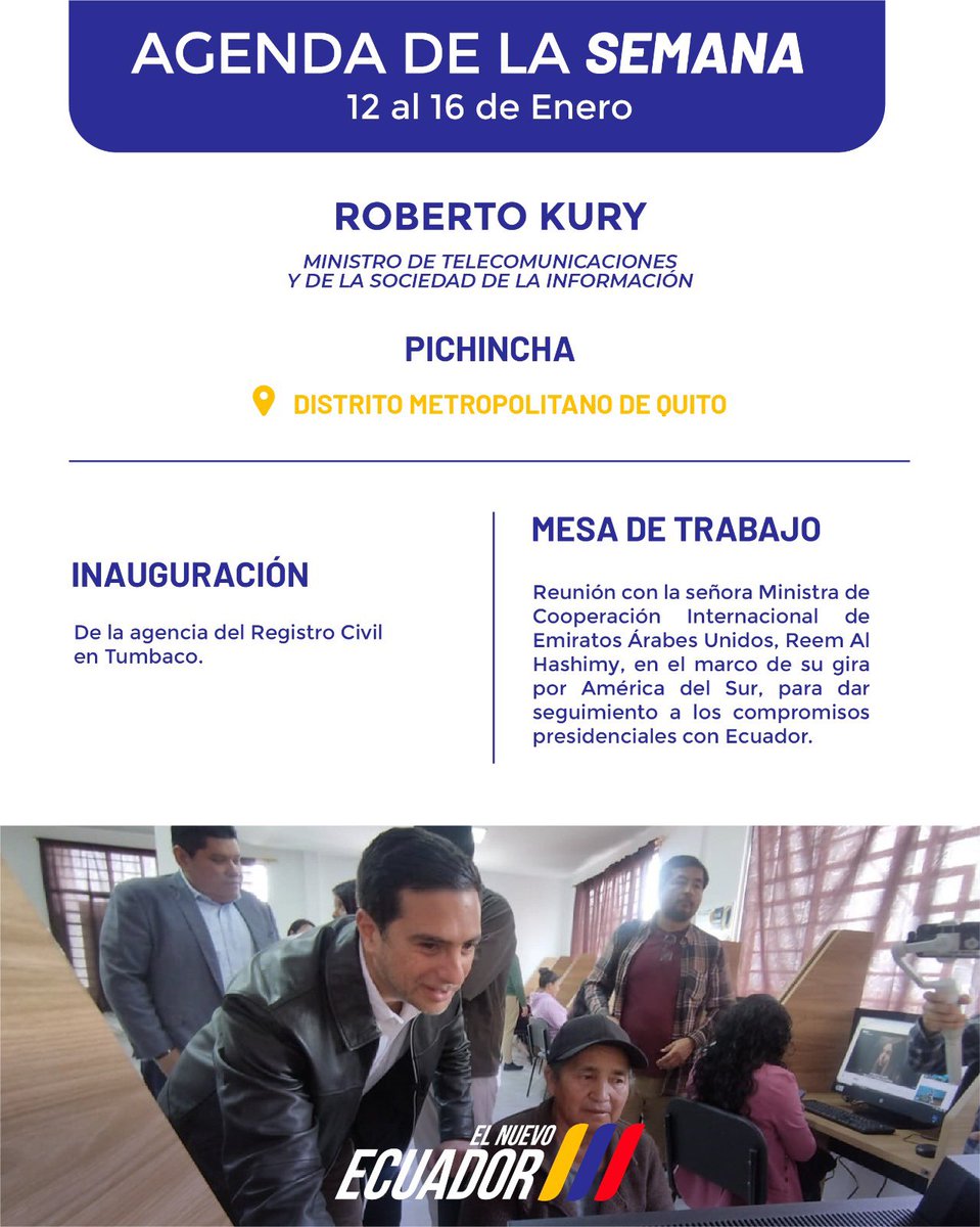 Telecom_Ec's tweet photo. 📍 Esta semana, el ministro @robertokuryec cumple una agenda de trabajo que impulsa un Estado con servicios de calidad🤝, reafirmando el compromiso del Gobierno Nacional con la ciudadanía 🇪🇨

#ElNuevoEcuador #MintelConecta https://t.co/2nyUETQwoc