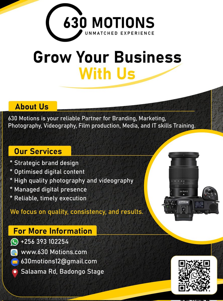 improvetheyouth's tweet photo. @630Motion Grow Your Business with 630 Motions

Your reliable partner

We focus on quality, consistency, and results.

Let’s build your brand the right way
#DigitalSkills
#UgandaEntrepreneurs
#LetUsBuildYourBrand
#BusinessWithImpact https://t.co/PwgAN9boDu