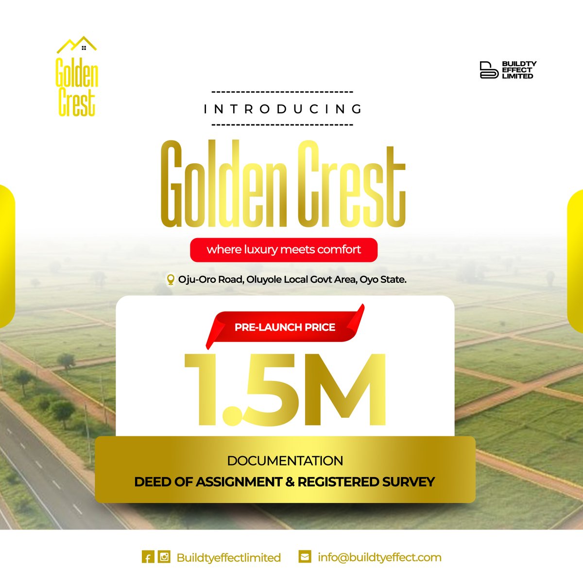 buildtyeffect's tweet photo. Introducing GOLDEN CREST, Where luxury meets comfort.

📍 Oloju-Oro Road, Oluyole LGA, Oyo State

Own a 450SQM plot at our Pre-Launch Price of ₦1.5M
📍₦600,000 initial deposit
📆 Spread the balance conveniently for up to 18 months https://t.co/G4RRvMN8y9