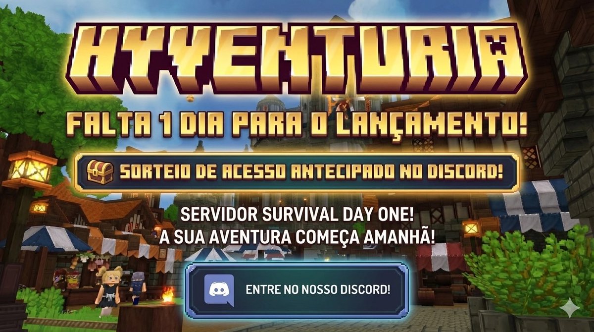 É AMANHÃ! 🚨😱

Falta apenas 1 DIA para a gente pisar em Orbis! O HyVenturia está pronto para te receber no lançamento.

🎁 Ainda dá tempo de participar do SORTEIO de Acesso Antecipado no Discord! Corre! 👇

🎟️ Código: HOOC

#Hytale #HyVenturia #HytaleCountdown #HOOC