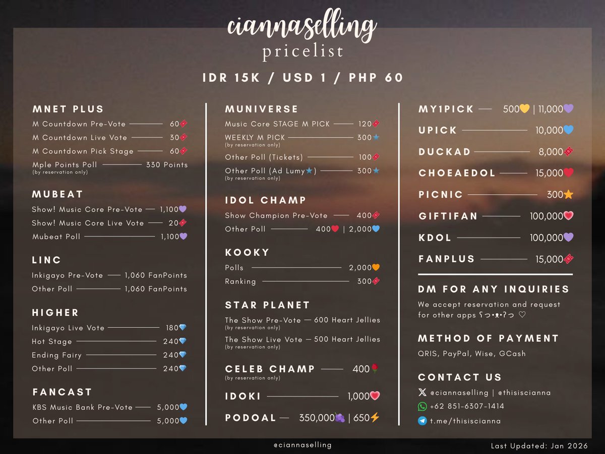 ciannaselling's tweet image. @ciannaselling 's pricelist  ⋆˚𝜗𝜚˚⋆

𖹭 MNET PLUS
𖹭 MUBEAT
𖹭 LINC
𖹭 HIGHER
𖹭 IDOL CHAMP
𖹭 FANCAST
𖹭 MUNIVERSE
𖹭 MY1PICK
𖹭 UPICK
𖹭 KOOKY
𖹭 CHOEAEDOL
𖹭 DUCKAD
𖹭 IDOKI
𖹭 PODOAL
𖹭 PICNIC
𖹭 GIFTIFAN
𖹭 many more...

t. wts seller selling vote available sale