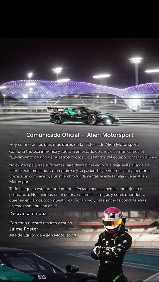No me creo esto pienso que voy a despertar.

D.E.P <a href="/ALN_kenkuriken/">くりけん</a>
Te has ido injustamente y demasiado joven 16 años solo

Se nos va nuestro hermano pequeño nuestro amigo nuestro diseñador 

Todo el respeto y cariño a su familia 

Siempre estarás con nosotros 
<a href="/ALNmotorsport/">ALN Alien MotorSport</a>