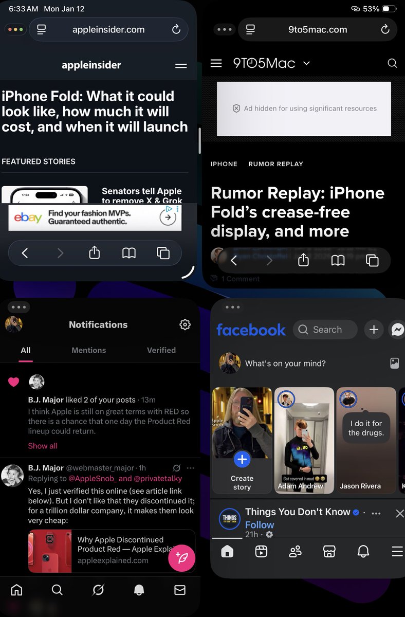 AppleSnob_'s tweet image. Love having a 4 window multi gesture on the iPad. 

#Apple #iPad #iPadPro #iOS #iPadOS #iPadMini7 #AppleiPad #Tech #Technology