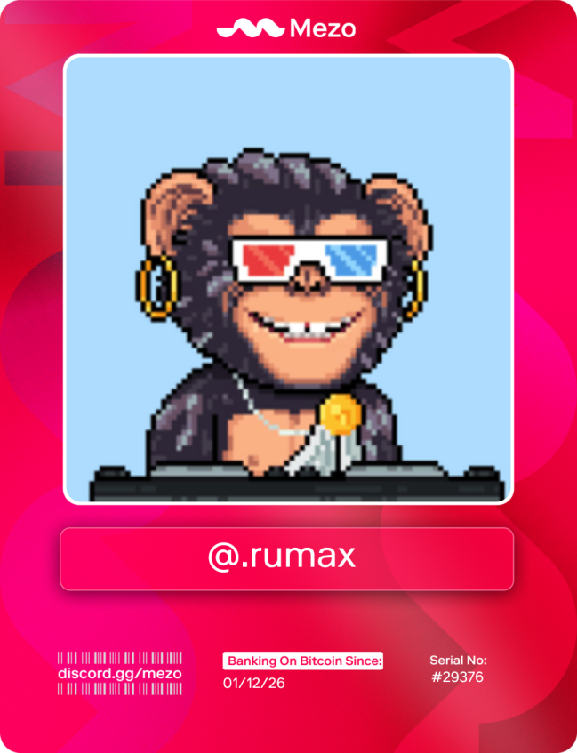 Claimed my <a href="/MezoNetwork/">Mezo</a> Bankcard.

Early access to The Bitcoin Banking Experience.

Get yours at the #bankcard channel 👉 discord.gg/mezo