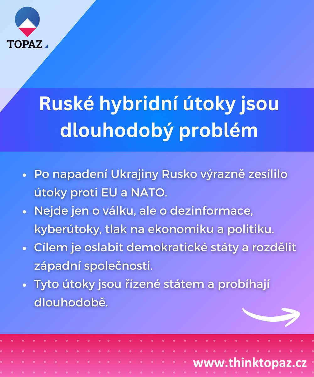 TOPAZcs's tweet image. 🛡️ Bránit se už nestačí. Západ musí znovu získat iniciativu.
Hybridní hrozby vyžadují aktivní přístup, jasné odstrašení a lepší spolupráci se spojenci. Jak může Česko a jeho partneři zvýšit svou odolnost a omezit schopnost Ruska tyto útoky vést?

🔗 👉 thinktopaz.cz/2025/11/11/pav……