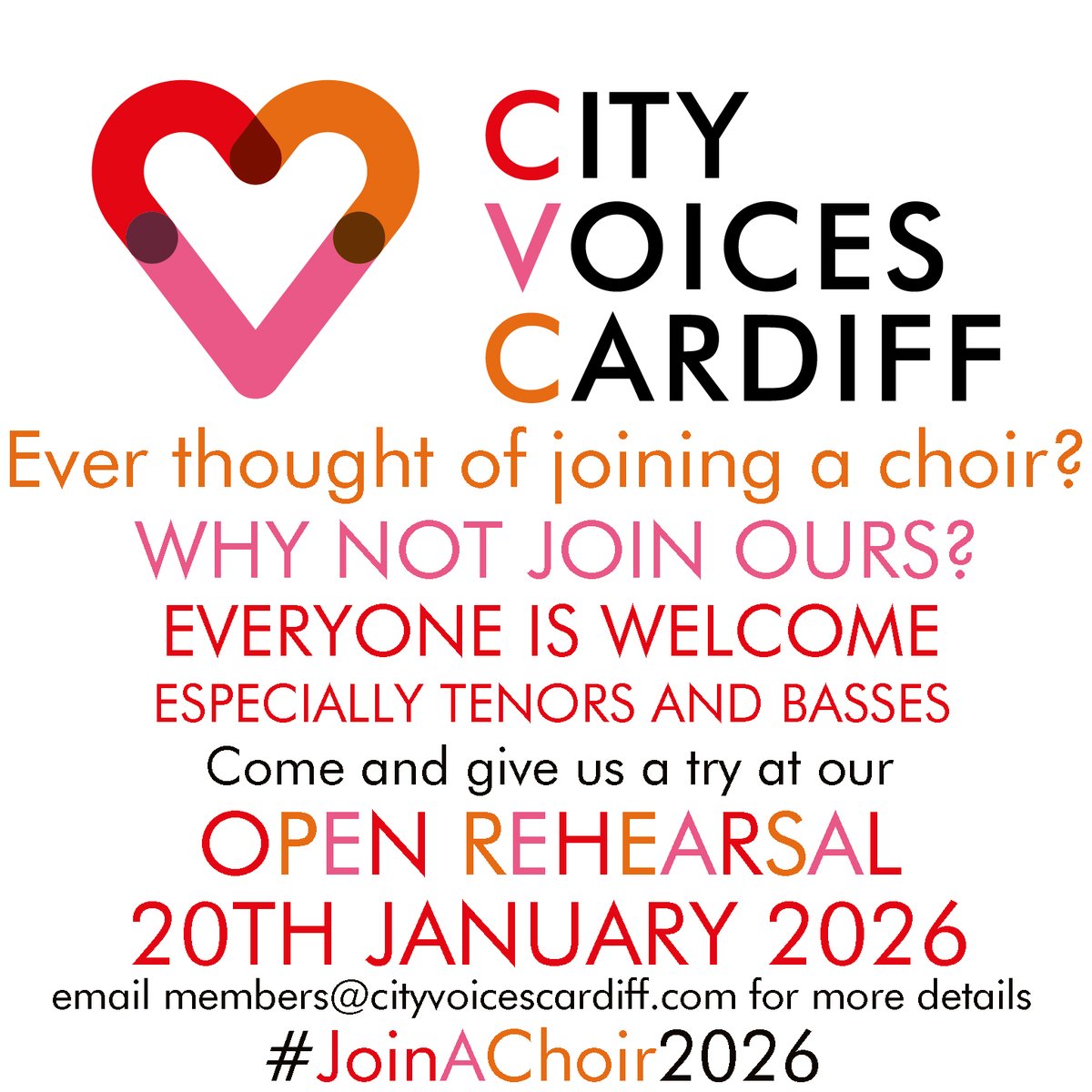 No auditions.
No pressure.
All voices welcome 🎤

Come and try CITY VOICES CARDIFF
 📅Open Rehearsal: Tues 20 Jan
🔁 Share with someone who thinks they “can’t sing”

#AllVoicesWelcome