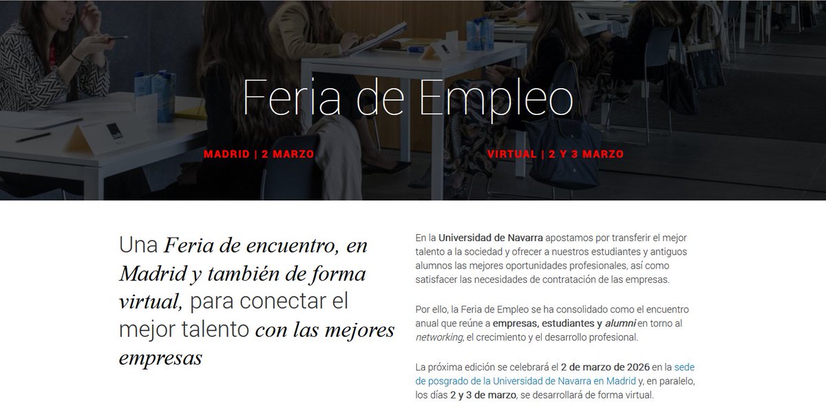Si eres una empresa interesada en contratar #talentojoven inscríbete en la Feria de Empleo de la <a href="/unav/">Universidad de Navarra</a> Más de 1.500 estudiantes de Máster y último curso de Grado están convocados.
Info e inscripciones: lnkd.in/d2Qtp8xr
¡Te esperamos!
#unav #talentounav #practicasyempleo