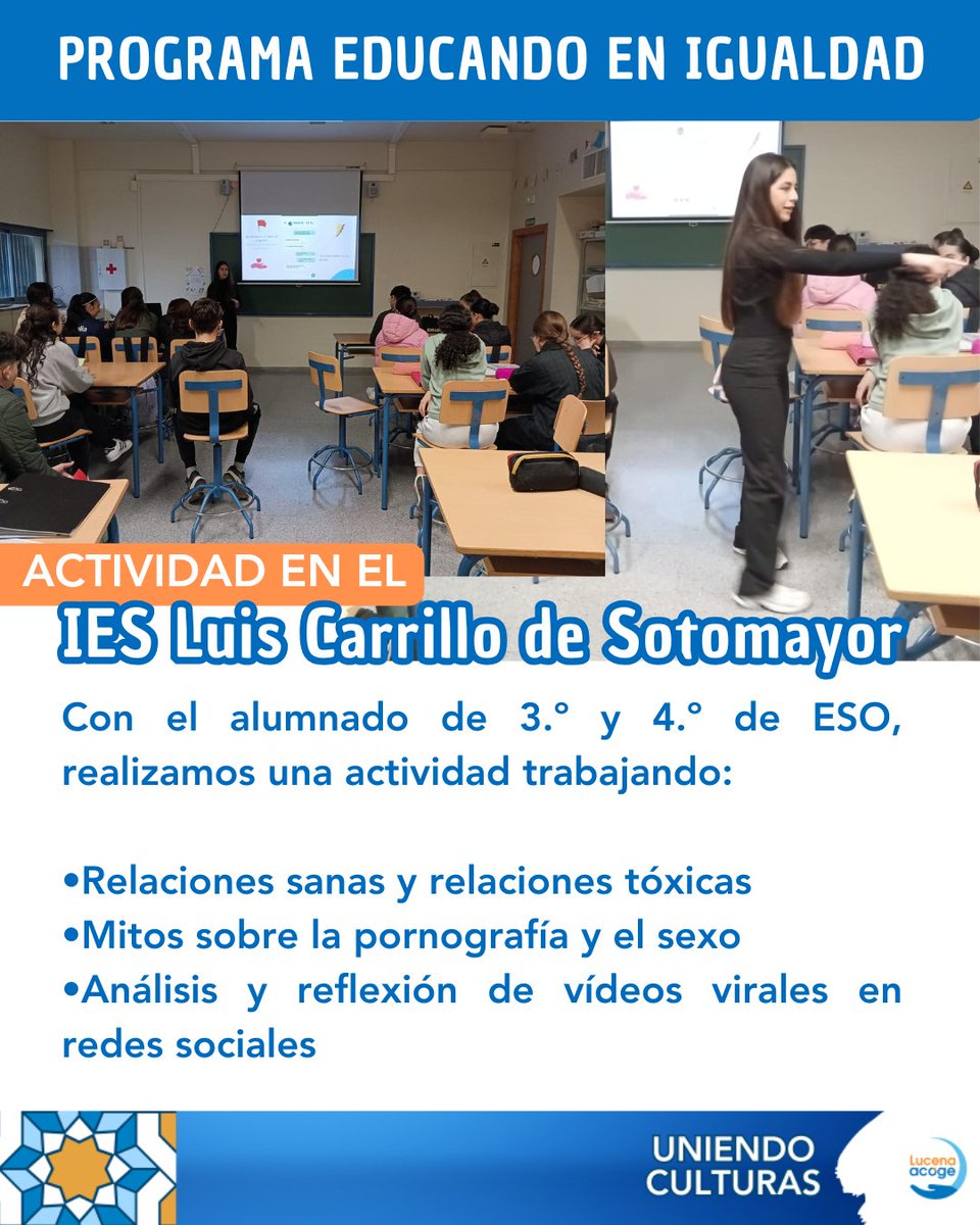 El mes pasado estuvimos en el IES Luis Carrillo de Sotomayor (Baena) realizando una actividad con el alumnado de 3.º y 4.º de ESO, dentro del programa Educando en Igualdad.

Consulta esta publicación de Instagram de @lucenaacoge instagram.com/p/DTaTZs1gshj/… 
<a href="/REDACOGE/">Red Acoge</a> 
<a href="/dipucordoba/">Diputación de Córdoba</a>