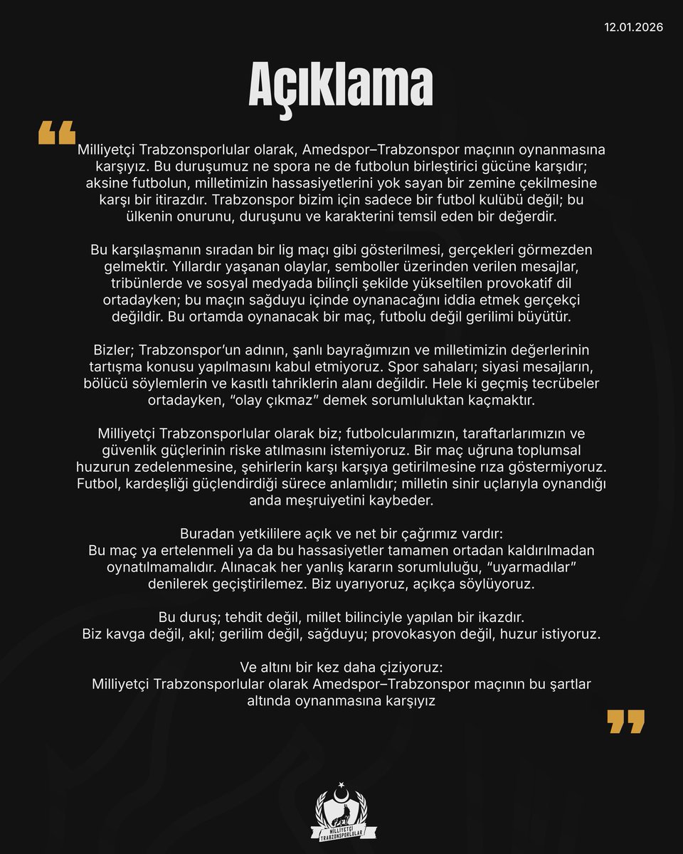 Milliyetçi Trabzonsporlular Olarak sosyal medyada çıkan amedspor Trabzonspor maç oynasın haberlerine karşılık açıklamamız