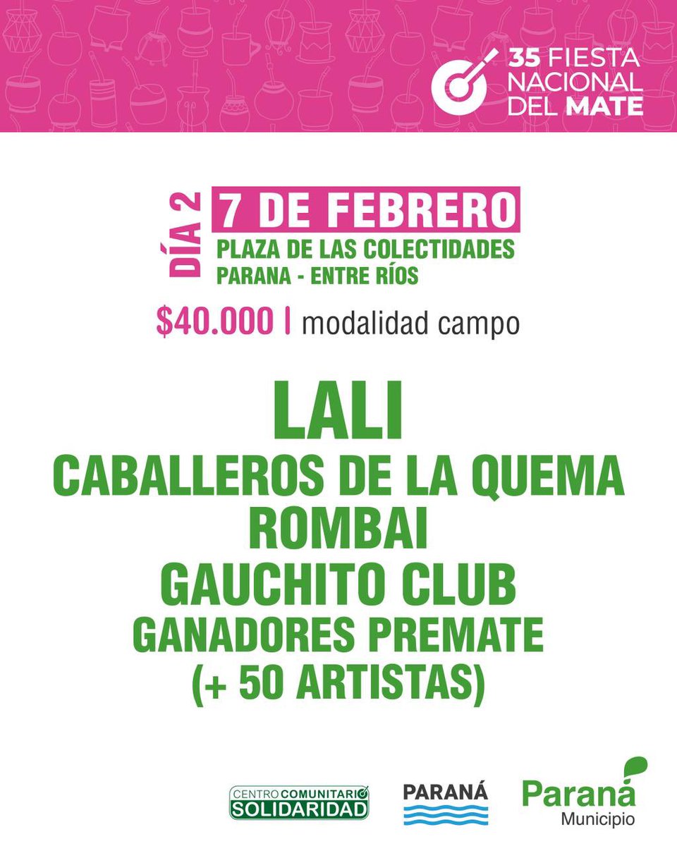 🧉🎶 Se viene la Fiesta Nacional del Mate
Desde el 12/1 a partir de las 12hs comienza la preventa de ubicaciones preferenciales.

📍 Plaza de las Colectividades
📅 6 y 7 de febrero
🎫 6/2 $25.000 | 7/2 $40.000
🎟️ entradauno.com
Acceso general libre