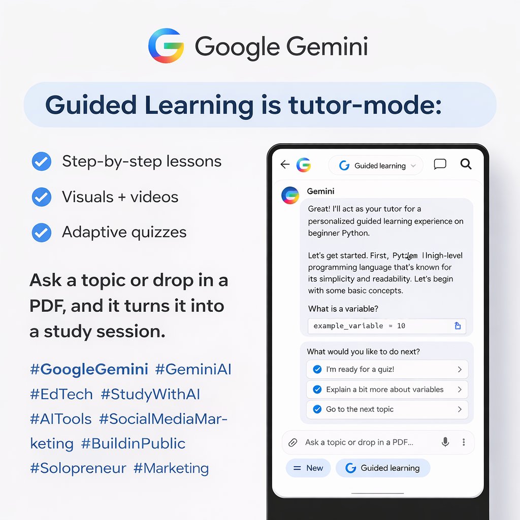 Tanuj_Sh's tweet photo. Gemini’s “Guided learning” turns AI from answer-bot into a tutor:
1. It teaches step-by-step
2. Uses visuals/videos
3. Throws quick quizzes so it sticks.
Try it: open Gemini → new chat → choose Guided Learning → ask or upload a doc.
#AI #Gemini #EdTech #StudyWithAI #AITools https://t.co/6Tx6UC2bMy