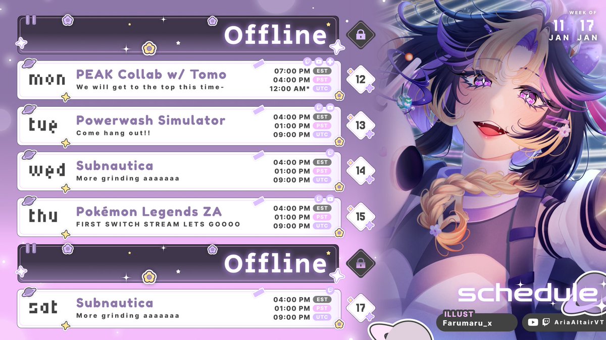 ★ Schedule for JAN 11 - JAN 17 ★

Good morning! ✨️

╭── ✦ ⁺.
★ Art: #AriaAltairART
★ Clips: #AriaAltairCLIPS 
★ Live: #AriaAltairONLINE
 🔴 youtube.com/@ariaaltairvt
🟣 twitch.tv/ariaaltairvt
╰── ✦ ⁺.

#Vtuber • #Vtuberuprising • #ENVtuber