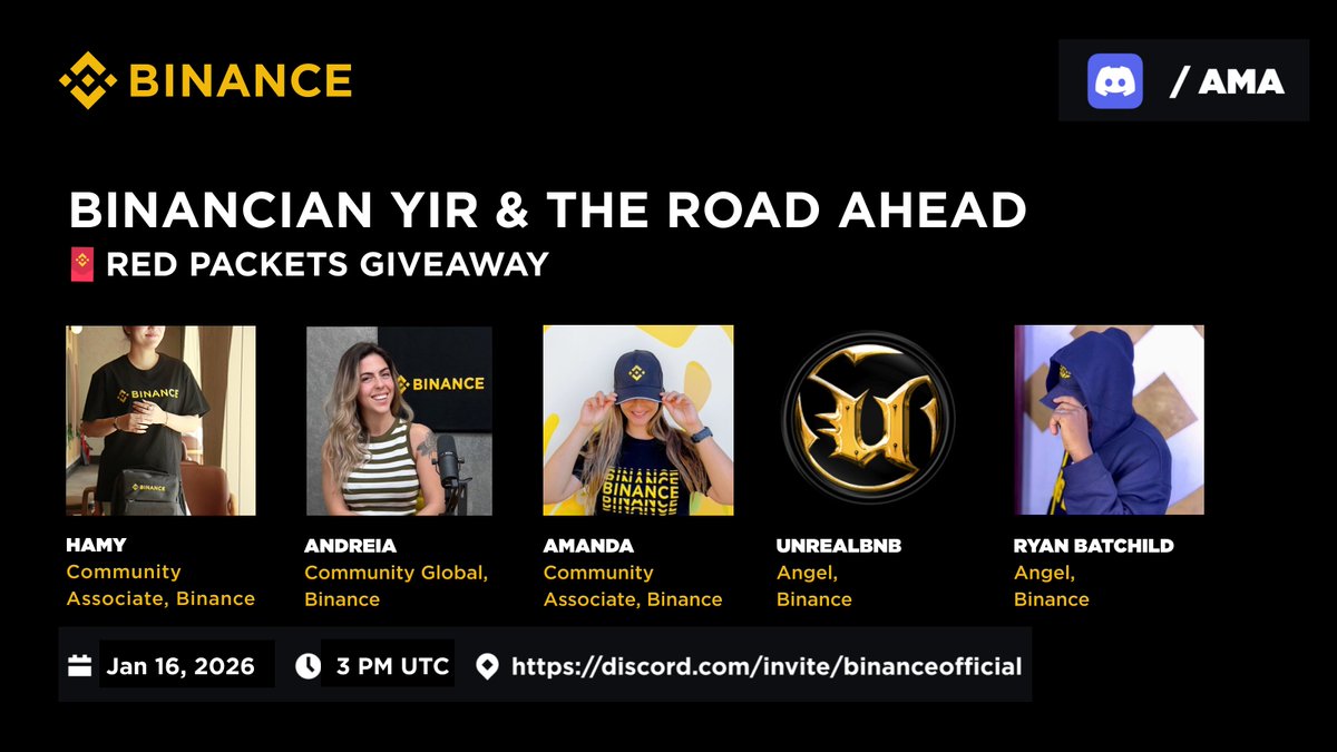 Join us on the biggest <a href="/binance/">Binance</a> Discord AMA ever, as we recap 2025, share what’s next, and help you plan your 2026 goals 📈🚀

Jan 16 @ 3 PM UTC 👇
discord.gg/binanceofficial 

5/10 speakers announced. Stay tuned for more! 🔥