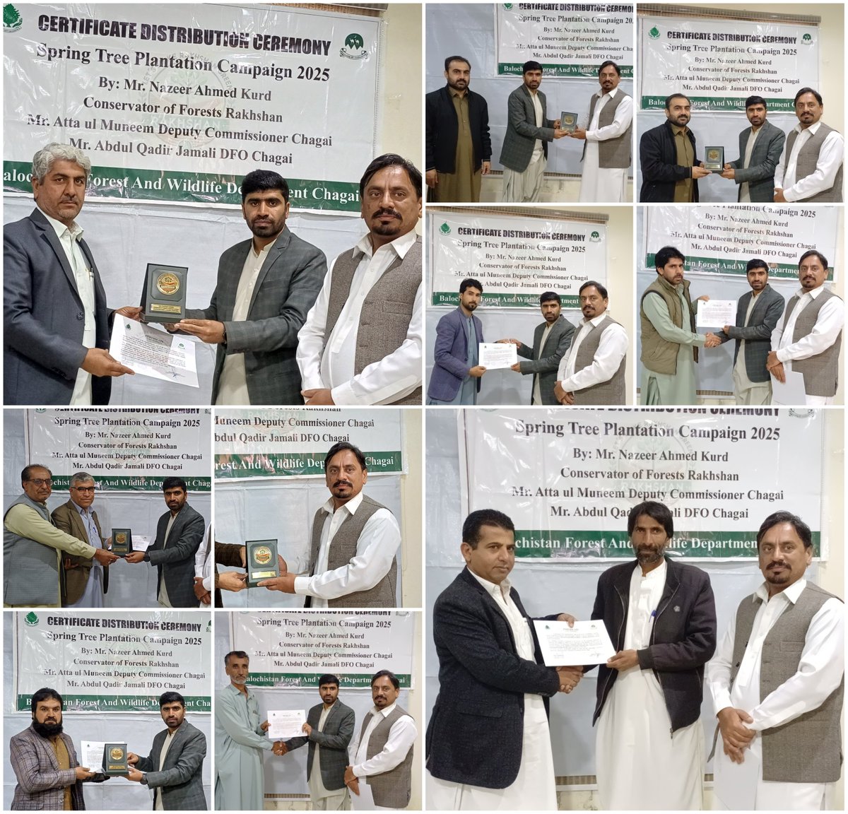 ضلعی انتظامیہ چاغی اور محکمہ جنگلات کی جانب سے زیادہ درخت لگانے اور ان کی دیکھ بھال میں کارکردگی دکھانے والے محکموں کے افسران اور زمینداروں کو تعریفی اسناد /اعزازی شیلڈز سے نوازا گیا
<a href="/AttaUlMunim13/">Atta ul munim</a> 
<a href="/nizamrahim3/">Nizam Rahim Baloch</a> 
<a href="/dpr_gob/">Govt. of Balochistan</a>