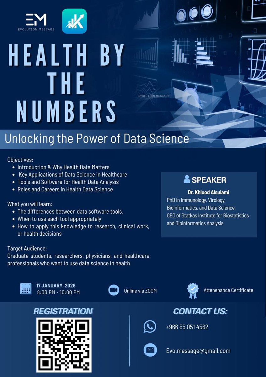باحث، أكاديمي، أو ممارس صحي؟
اكتشف كيف يمكنك الاستفادة من الإحصاء الحيوي وعلم البيانات في المجال الصحي والبحثي انضم إلينا في جلستنا القادمة مع الرئيس التنفيذي لـ StatKAS د. خلود السلمي، حيث نسلّط الضوء على كيفية الربط بين أحدث أدوات الإحصاء وعلم البيانات في الصحة ودورها في اتخاذ