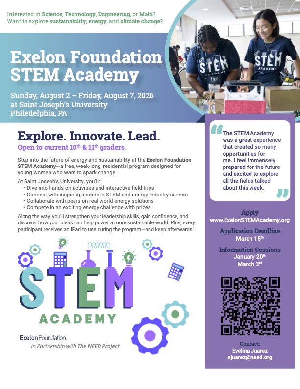 📢 Hey, Philly! Have a young learner interested in science, technology, engineering and/or math? Encourage them to apply to the Exelon Foundation STEM Academy ➡️ exelonSTEMacademy.org
