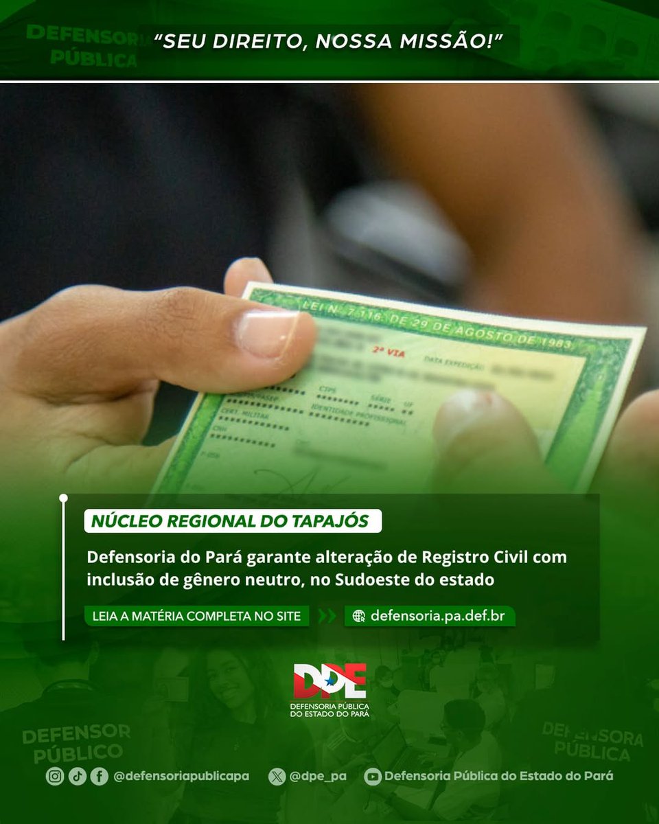 Defensoria do Pará garante alteração de Registro Civil com inclusão de gênero neutro, no Sudoeste do estado

Leia a matéria completa no site. Link na bio! ⤴️