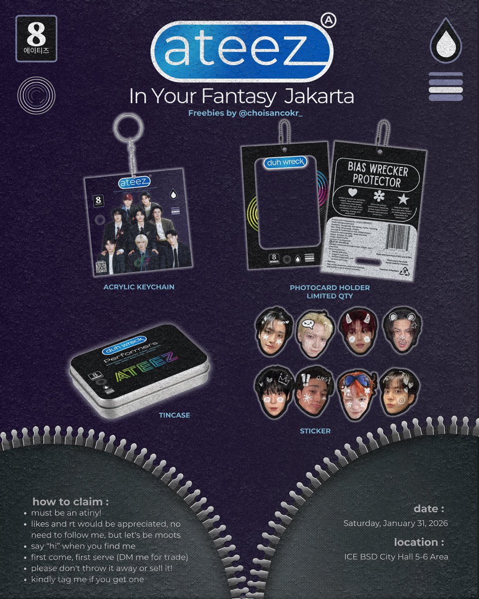 choisancokr_'s tweet photo. ATEEZ In Your Fantasy in Jakarta 2026
freebies by @choisancokr_ 

📎 Details on picture
📍 Location will be updated
🔖 RT &amp; Like are appreciated

please DM me for any trade 🫶

#InYourFantasyJKT #ATEEZinJakarta #IYFJAKARTA #ATEEZ https://t.co/2g9PBXvZhd