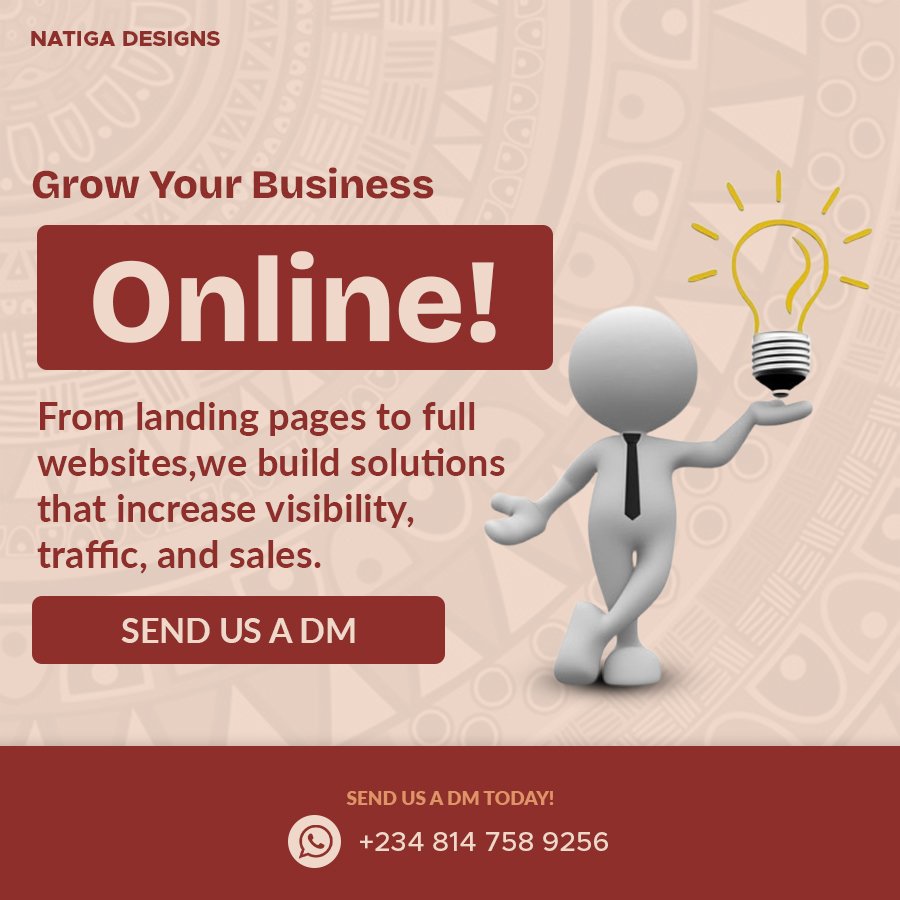 NatigaDesigns's tweet photo. In today’s world, your business needs more than just word of mouth — it needs a strong digital presence. Let me help you build a website that converts visitors into loyal customers.  

💻 Professional | Responsive | Optimized  
📩 Send a DM to get started today!  

#WebDeveloper https://t.co/UcWFDIoHo1