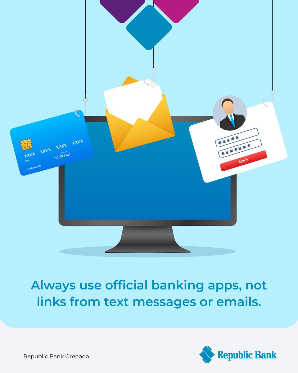 Fraudsters will send out emails pretending to be banks and ask you to enter your info via a link. Never do this. Always and only put your online banking information into official banking apps, not links from texts or emails. When in doubt, call us at (473) 444-2265.