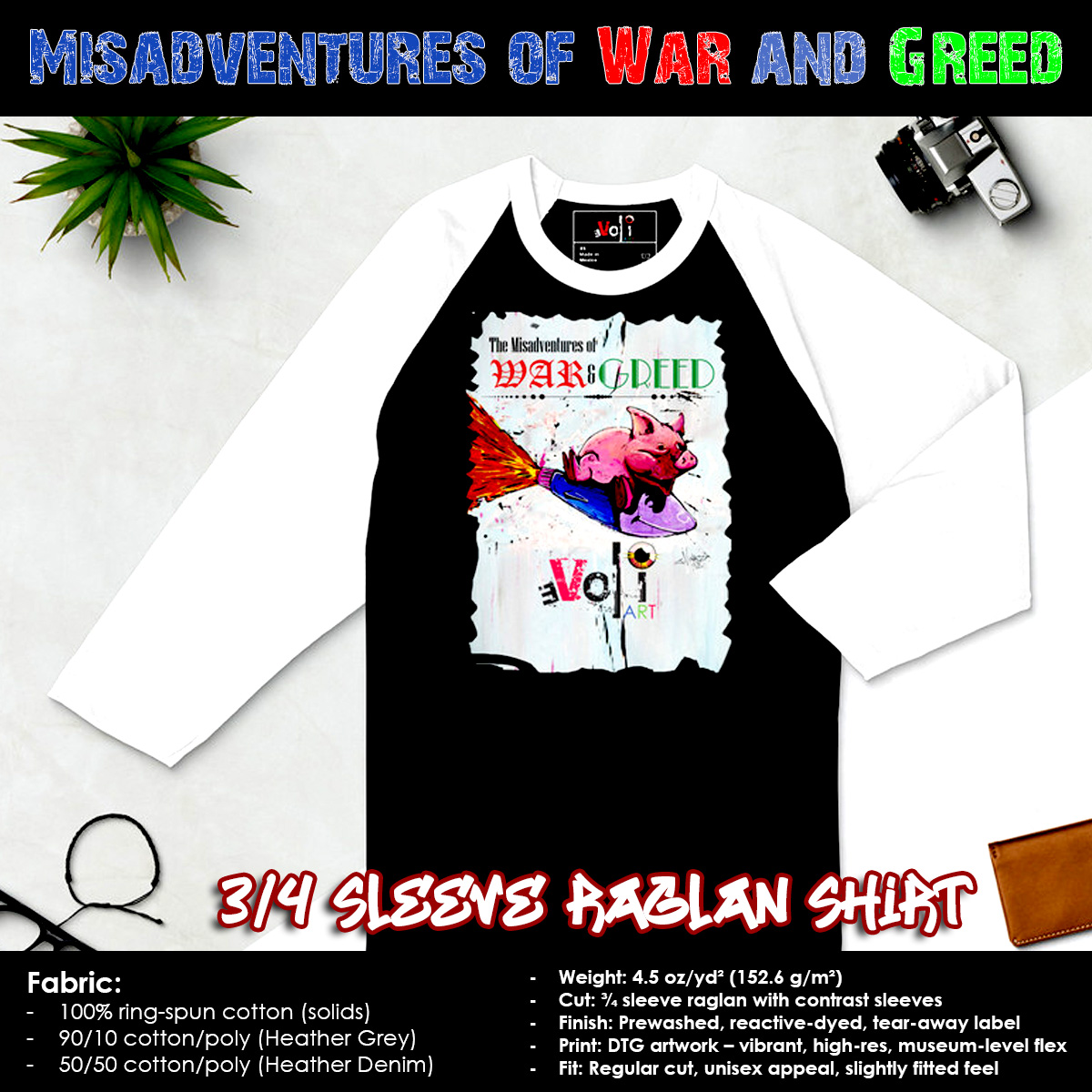 underlab's tweet image. Misadventures of War &amp;amp; Greed 3/4 sleeve raglan shirt
Fabric: 100% ring-spun cotton (solids)
Weight: 4.5 oz/yd² (152.6 g/m²)
Cut: ¾ sleeve raglan with contrast sleeves
Buy Here: evoliart.com/misadventures-…