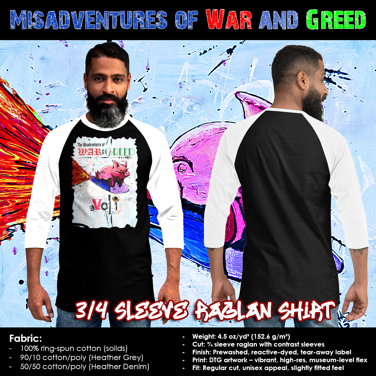 underlab's tweet image. Misadventures of War &amp;amp; Greed 3/4 sleeve raglan shirt
Fabric: 100% ring-spun cotton (solids)
Weight: 4.5 oz/yd² (152.6 g/m²)
Cut: ¾ sleeve raglan with contrast sleeves
Buy Here: evoliart.com/misadventures-…