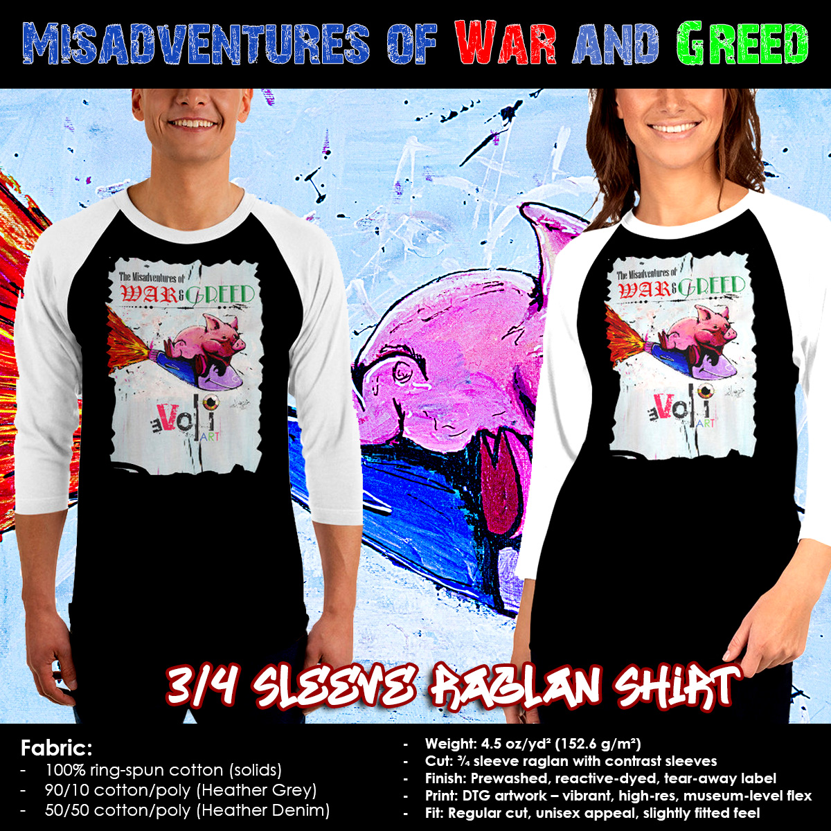 underlab's tweet image. Misadventures of War &amp;amp; Greed 3/4 sleeve raglan shirt
Fabric: 100% ring-spun cotton (solids)
Weight: 4.5 oz/yd² (152.6 g/m²)
Cut: ¾ sleeve raglan with contrast sleeves
Buy Here: evoliart.com/misadventures-…
