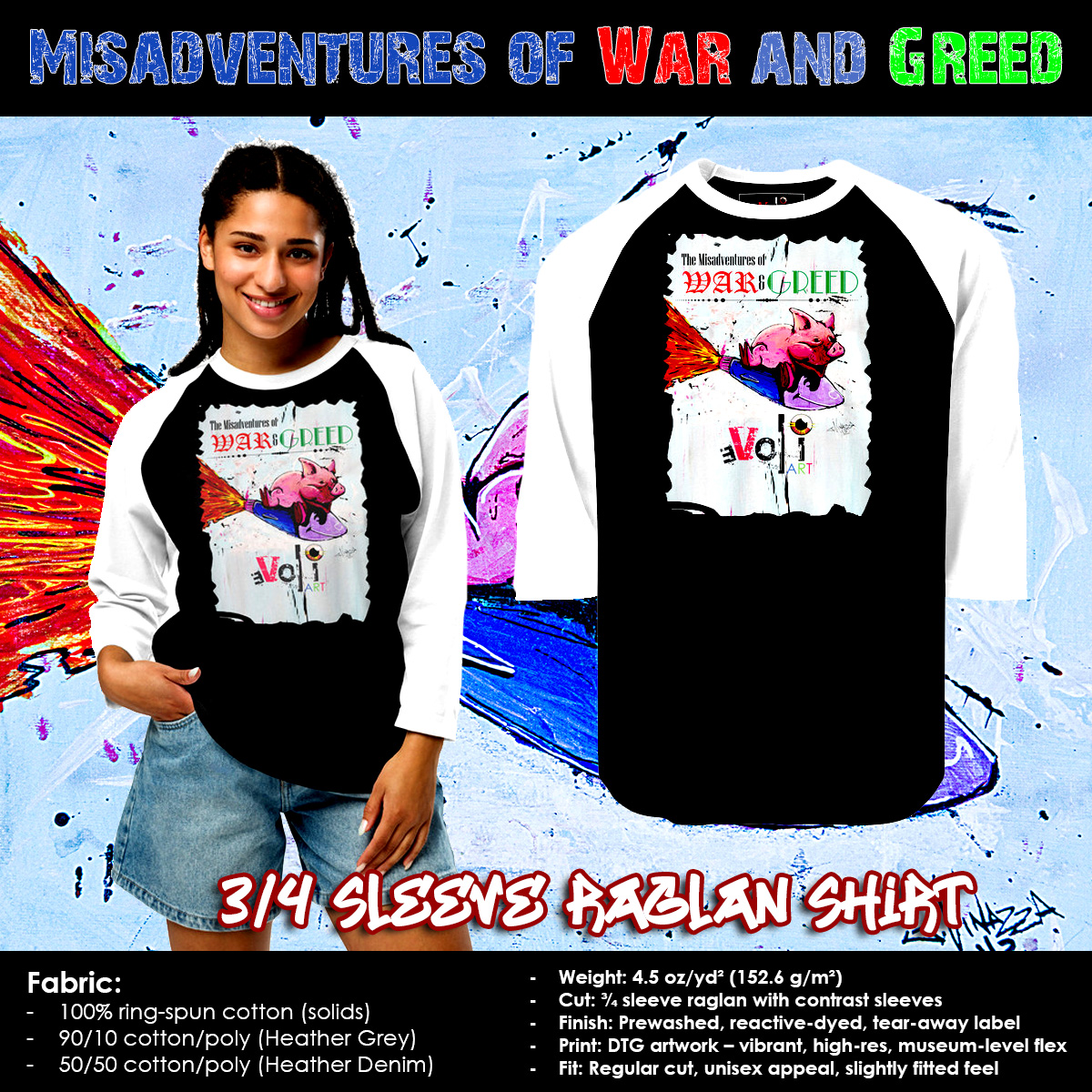 underlab's tweet image. Misadventures of War &amp;amp; Greed 3/4 sleeve raglan shirt
Fabric: 100% ring-spun cotton (solids)
Weight: 4.5 oz/yd² (152.6 g/m²)
Cut: ¾ sleeve raglan with contrast sleeves
Buy Here: evoliart.com/misadventures-…