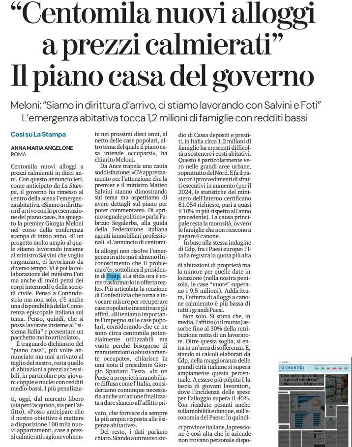 🏠 Il Governo si prepara al avaro dell'atteso programma per il contrasto al disagio abitativo. Meloni: "Centomila nuovi alloggi a prezzi calmierati in 10 anni". 

💬 A commentare le novità annunciate dalla premier Giorgia Meloni é sul quotidiano La Stampa Fabrizio Segalerba,