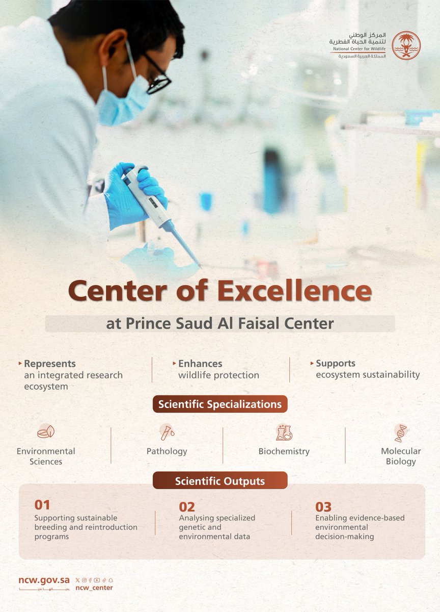 NCW_center's tweet photo. The Center of Excellence at Prince Saud Al Faisal Center is an advanced research ecosystem that supports wildlife conservation and strengthens specialized scientific work

#NurturedByNature https://t.co/S8agaVdans