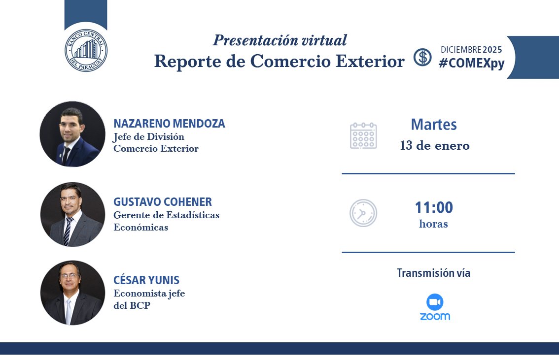 BCP_PY's tweet photo. EN VIVO | Presentación del Reporte de Comercio Exterior, correspondiente a diciembre 2025.
#COMEXpy
Martes | 13 | enero
11.00 horas
Transmisión vía Zoom: https://t.co/KUQKJP4QaQ https://t.co/LhyDB9wtns