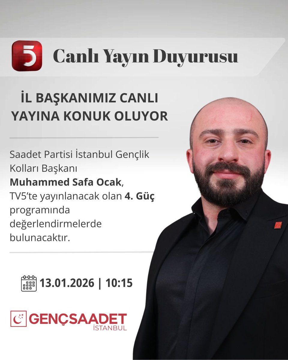 İl başkanımız Muhammed Safa Ocak 13 Ocak Salı günü 10:15’te TV5 ekranlarında değerlendirmelerde bulunacaktır.