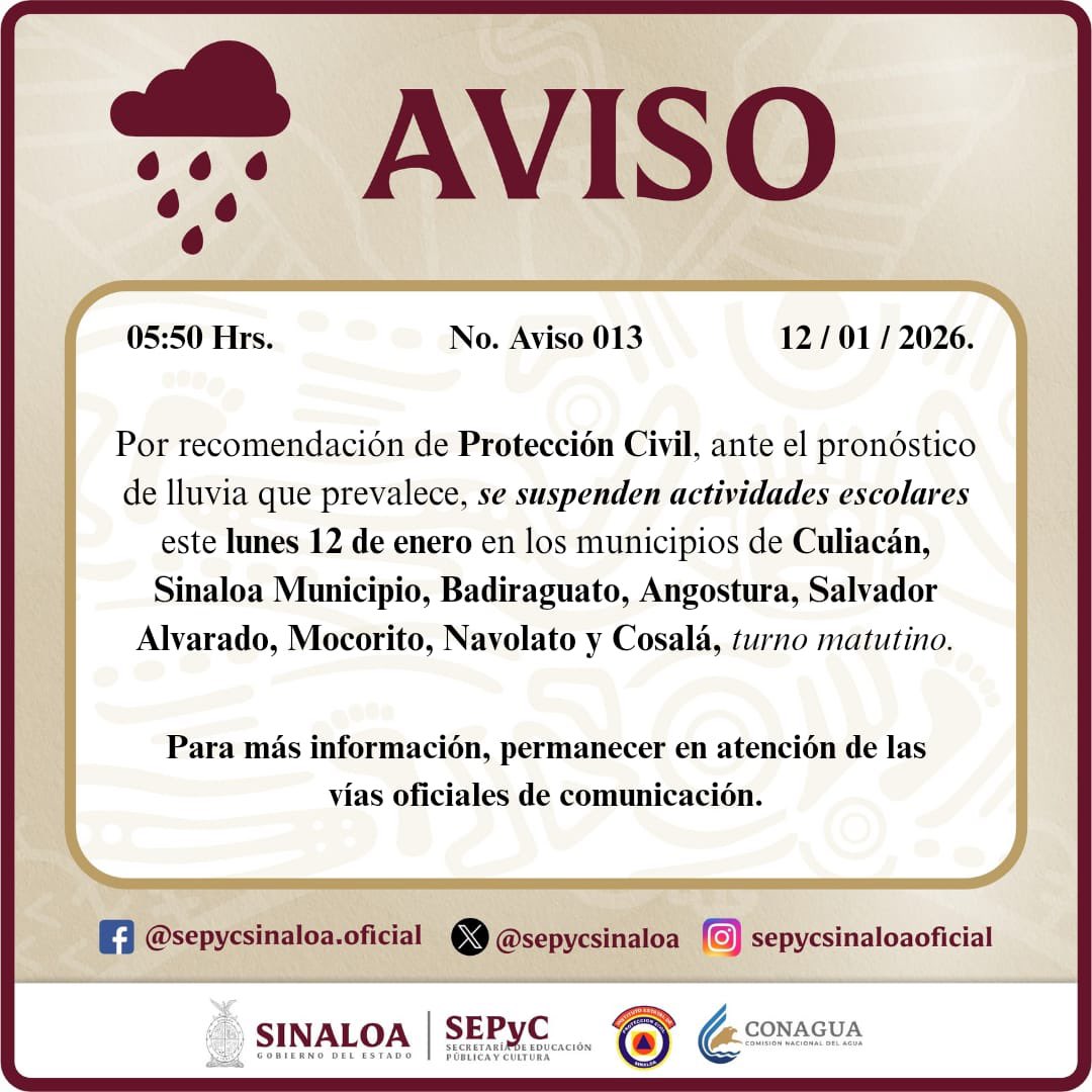 Por lluvia se suspende clases en los siguientes municipios de Sinaloa
