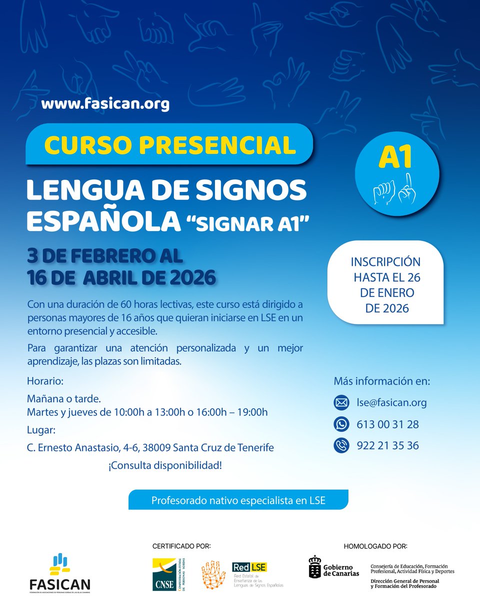 📣 ¡Nuevo Curso Presencial A1 de Lengua de Signos Española!

¿Quieres iniciarte en la LSE y comunicarte de una forma más inclusiva? Este es tu momento.

ℹ️ Más información e inscripciones:
🌐 En nuestra web
📧 lse@fasican.org
📱 613 00 31 28