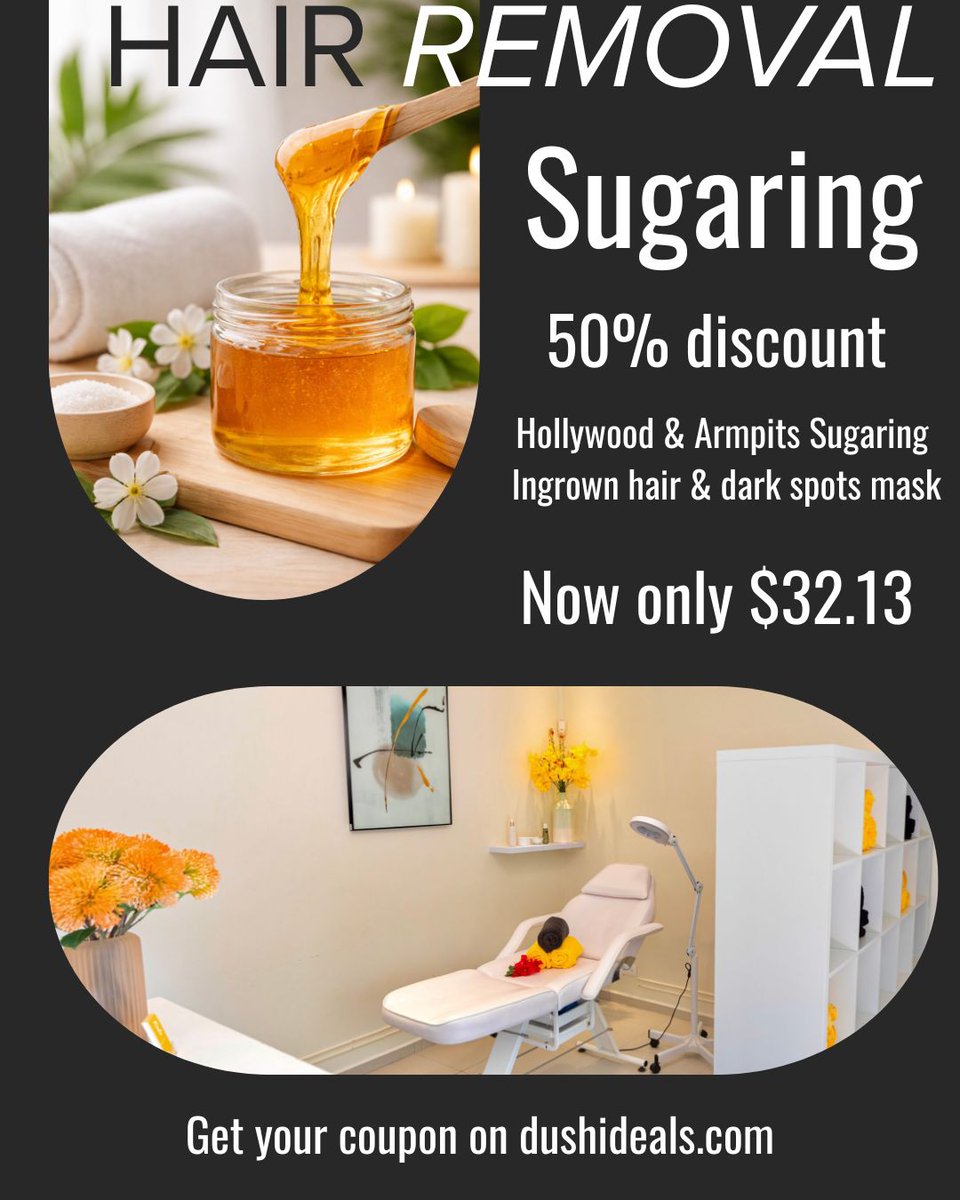 Looking for a gentler way to remove hair? Sugaring is a 100% natural method that removes hair without sticking to the skin.
Now at The Sugaring Salon 50% OFF 
Hollywood &amp; Armpits + Ingrown hair &amp; dark spots mask
Now for $32.13 on dushideals.com
