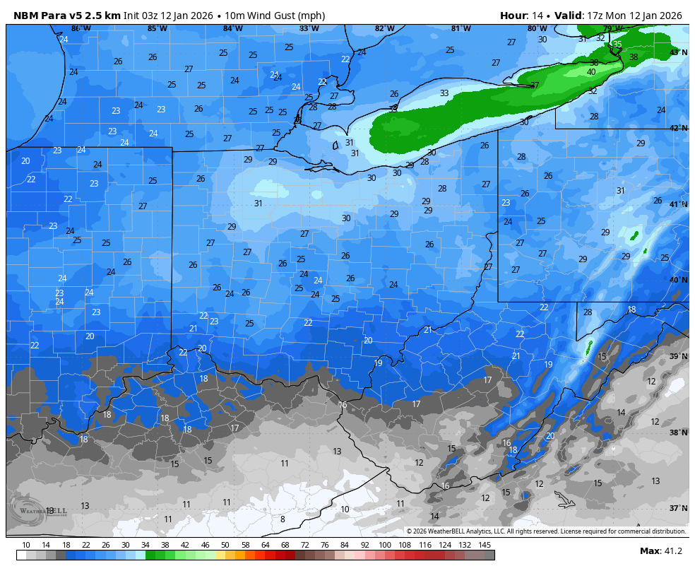 BREEZY: Expect gusts of 20-35mph across the entire Buckeye State today, with the highest gusts focused north of I-70. This will make for a cooler afternoon despite an overall milder day than yesterday with wind chills in the 20s to near 30 this afternoon. - 8:15 AM 1/12/26