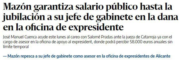 Lo tienen todo atado. Cuenca se encargó de que nadie molestara a Mazón el día de la DANA, después eliminó las pruebas y, por último, le recompensan por su labor y su silencio. El PP actúa como lo que son: una mafia.