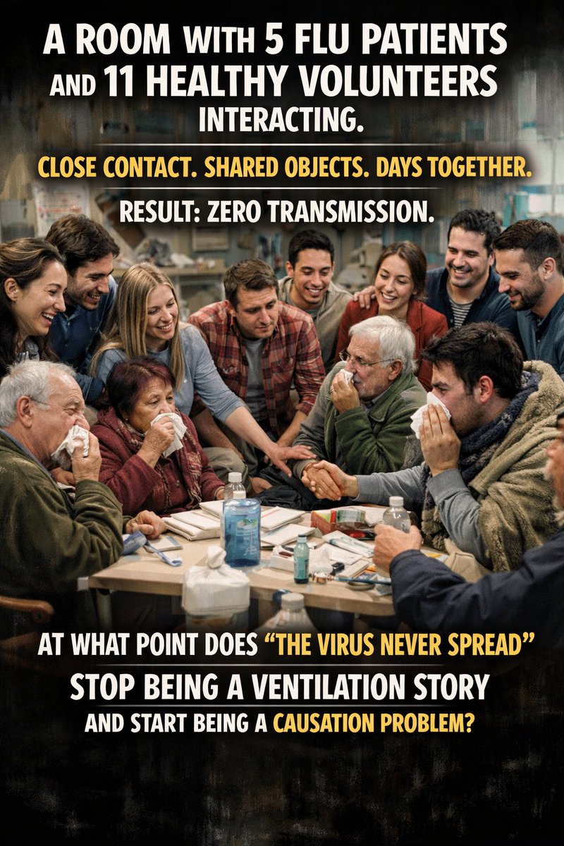 ViroLIEgy's tweet image. “A room full of flu patients and no one got sick.”

Brand-new contagion study.  

Close contact. Shared objects. Days together.

Result: zero transmission.

At what point does “the virus never spread” stop being a ventilation story and start being a causation problem?