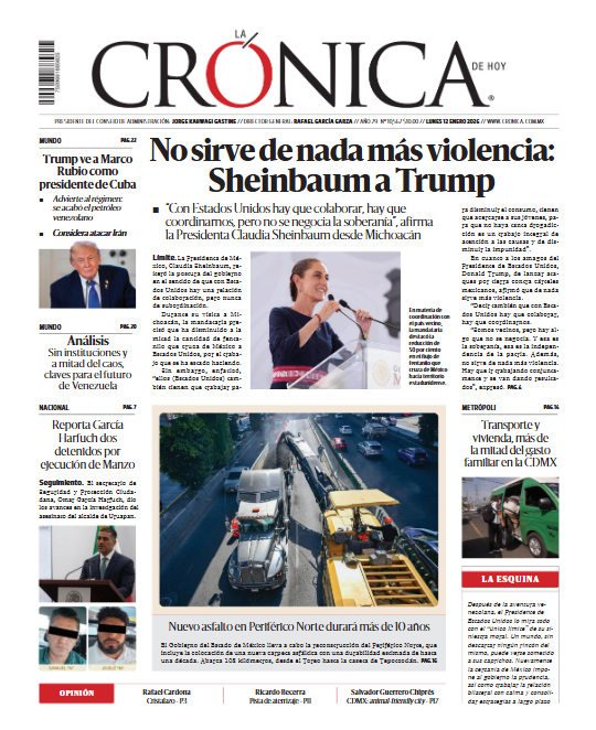 #PrimeraPlana | No sirve de nada más violencia: Sheinbaum a Trump 🇲🇽🇺🇸 Reporta García Harfuch dos detenidos por ejecucación de Carlos Manzo. 

cronica.com.mx/impreso/