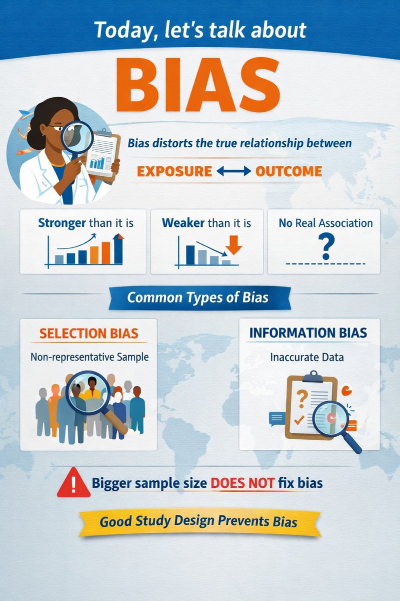 MmansarC's tweet photo. Today, let’s talk about bias.

Bias occurs when the way data are collected, measured, or analysed systematically distorts the true relationship between an exposure and an outcome.

It can make an association appear stronger, weaker, or even suggest a relationship where none exists.

Common examples include selection bias and information bias. Importantly, increasing sample size does not fix bias. A large study can still be precisely wrong.

This is why good study design and data quality matter as much as statistical analysis in public health research.
#Super Eagles
#healthcare 
#Health 
#Jarvis