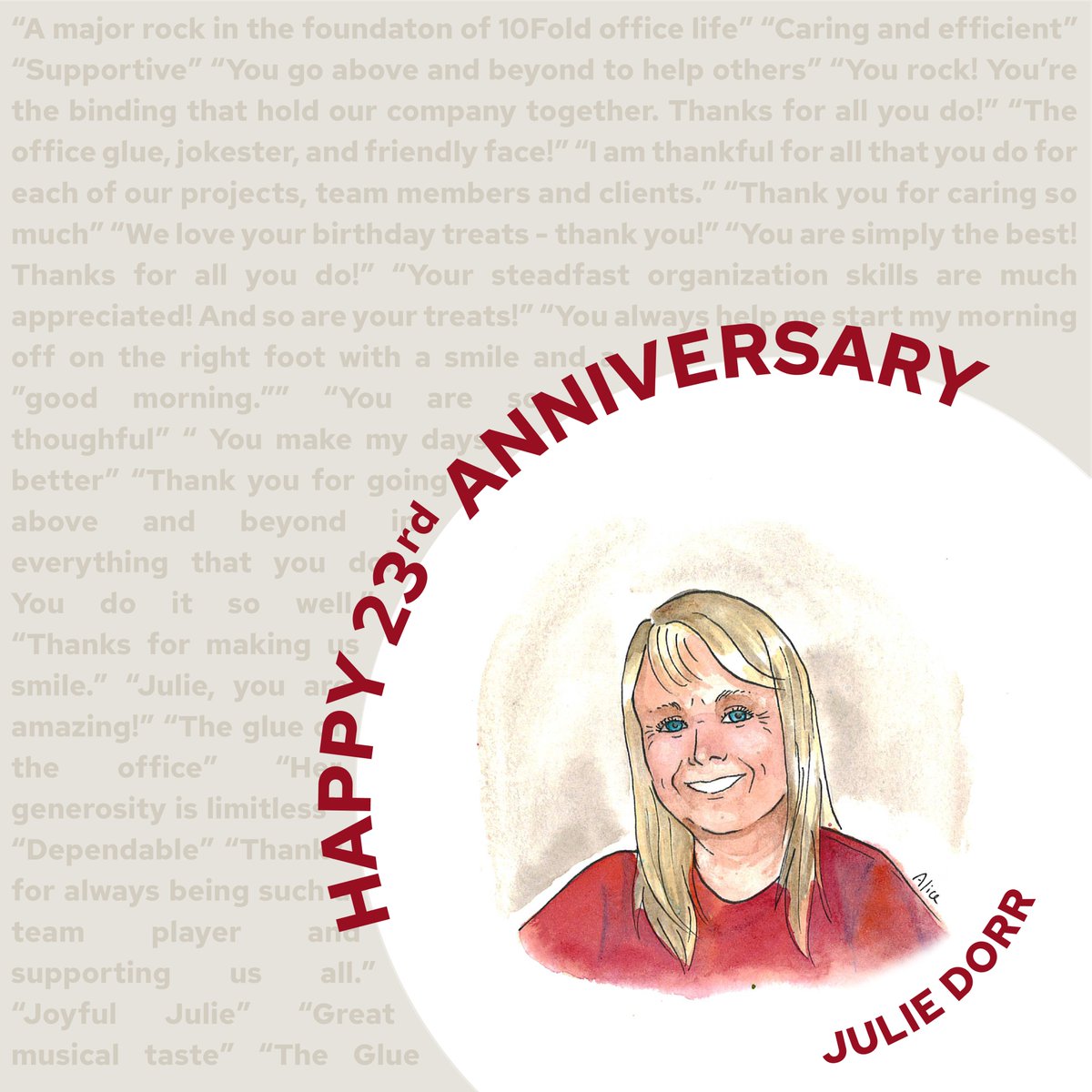10FoldArch's tweet photo. Happy 23rd work anniversary, Julie Dorr!  As our Business Manager, Julie is truly the rock of the 10Fold office. Thank you for everything you do and for always being helpful, supportive, and bringing a smile to our days. We're grateful for you! 
#Team10Fold #WorkAnniversary https://t.co/ddrXlyLWmv