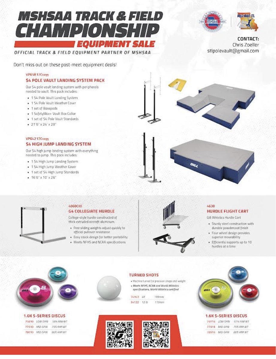 PoleVaultStl's tweet photo. ** BIG NEWS** We are proud to announce PVSTL &amp; @GillAthletics are the Official Sponsors of the @MSHSAAOrg State T&amp;F Meet. Want a great deal on HJPit, PVPit, Hurdles, Etc? Please see the attached. Let us be your choice for all T&amp;F equipment #statemeet #hurdles #polevault #MeetDeal https://t.co/oizTBOtygL