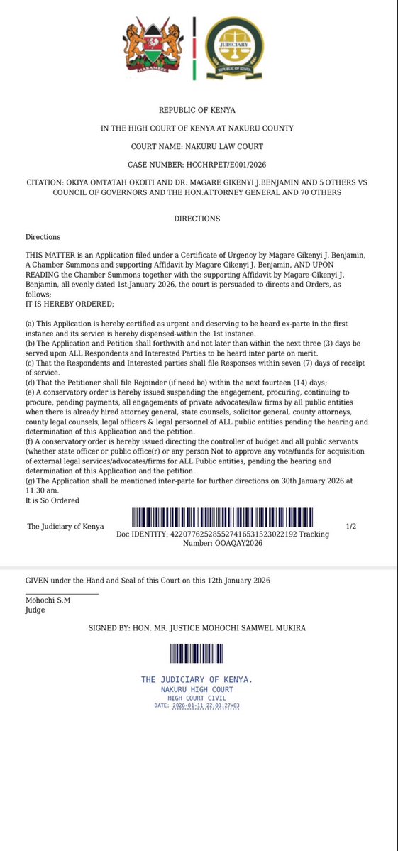 OkiyaOmtatah's tweet image. The High Court sitting in Nakuru has today granted a conservatory order barring public entities from procuring external legal services from private law firms where there already exist duly mandated public legal officers; namely the Attorney General, State Counsel, or County Legal…